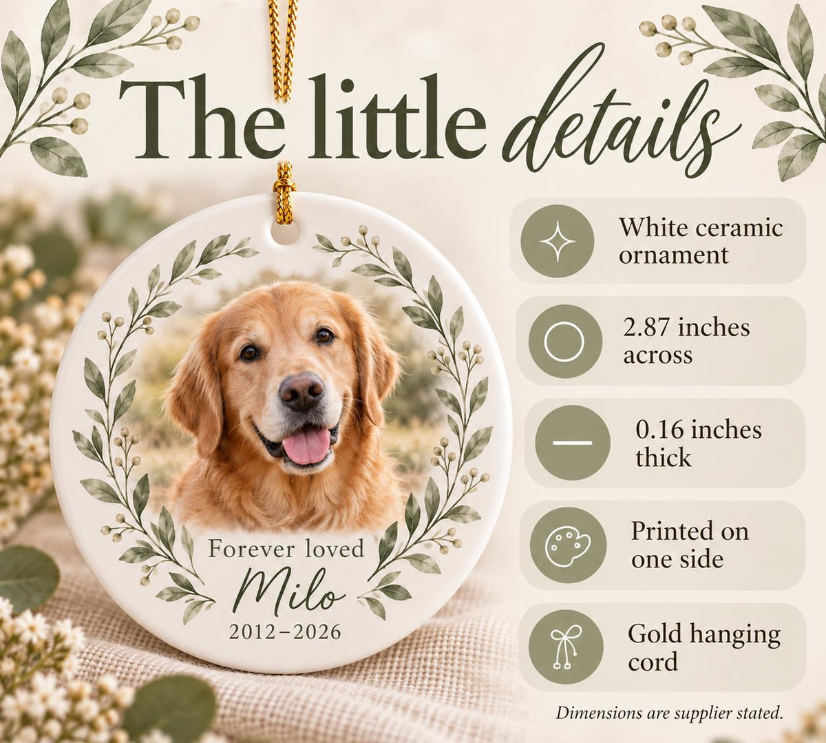 Pet Memorial Ornament with Photo and Name