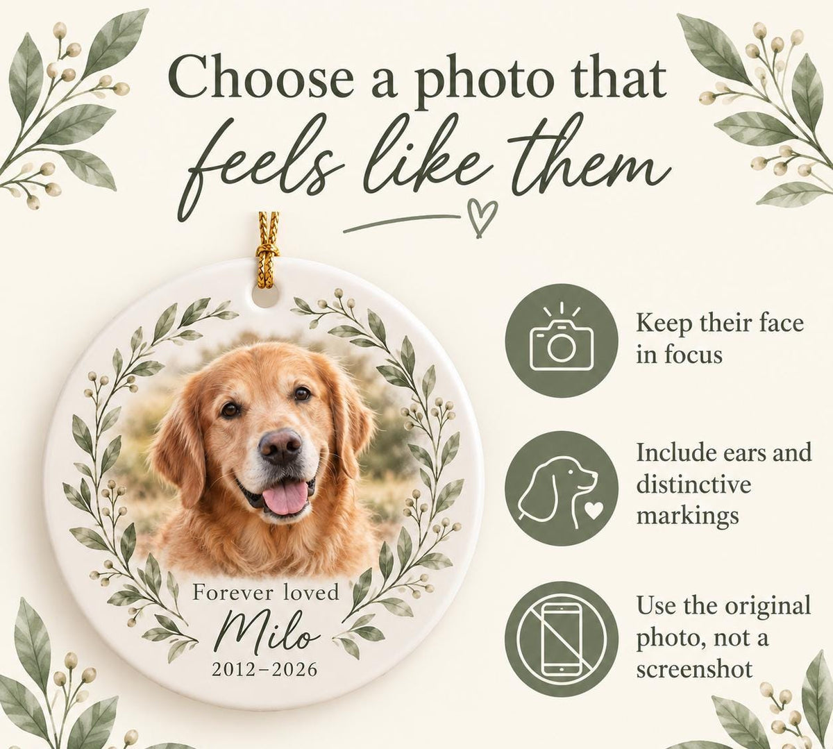 Pet Memorial Ornament with Photo and Name