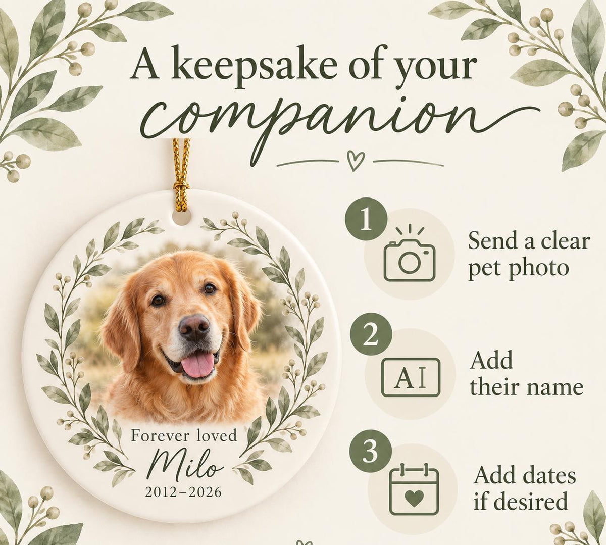 Pet Memorial Ornament with Photo and Name